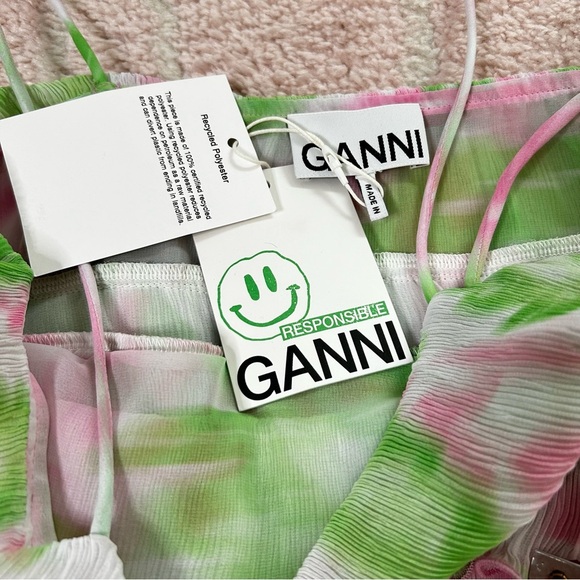 NWT Ganni Pleated Georgette Mini Dress Green Pink Floral Size 34/2 Wedding Guest - Picture 4 of 13